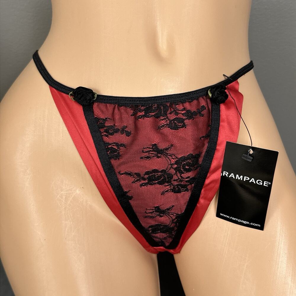 Vintage Y2K Rampage Red Satin Black Lace G-String Thong Panty NWT Large NOS